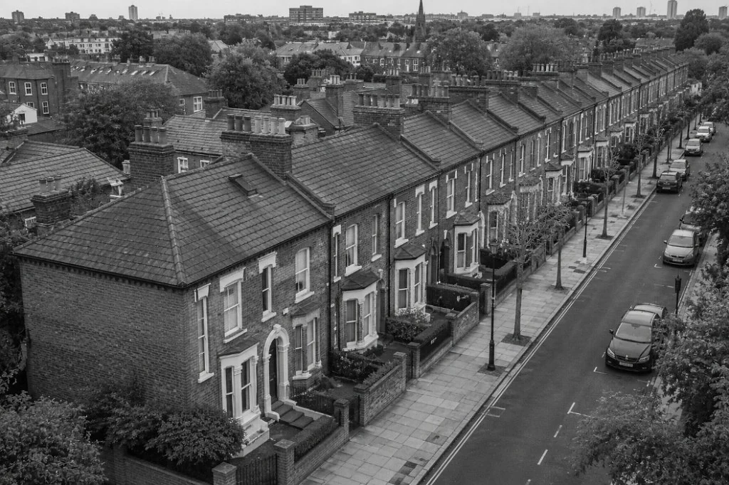 Aerial view of a Victorian terrace of vacant houses in Hackney